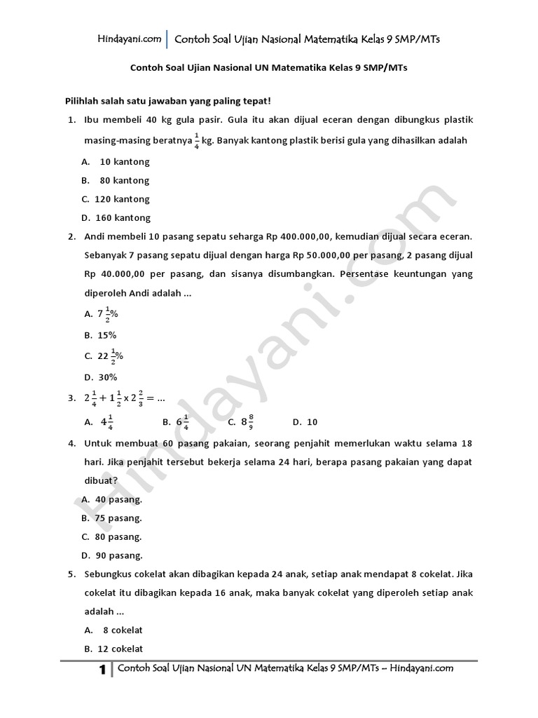 Contoh Soal Ujian Nasional UN Matematika Kelas 9 SMP MTs pdf