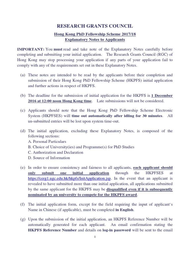Research Grants Council Hong Kong PHD Fellowship Scheme 2017/18