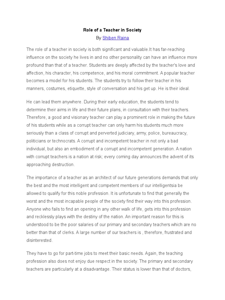 Role of A Teacher in Society | PDF | Teachers | Psychological Concepts