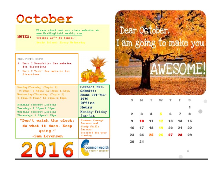 October Class Schedule and Notes | PDF
