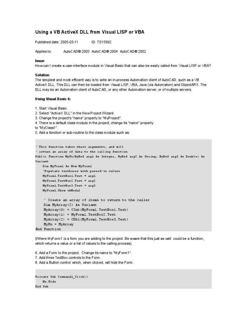 Using A VB ActiveX DLL From Visual LISP | PDF | Component Object Model ...