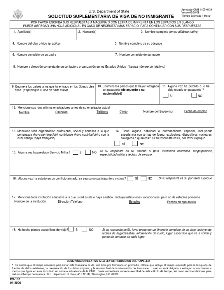 Solicitud Suplementaria de Visa DS-157 | PDF | Conflicto armado | Violencia