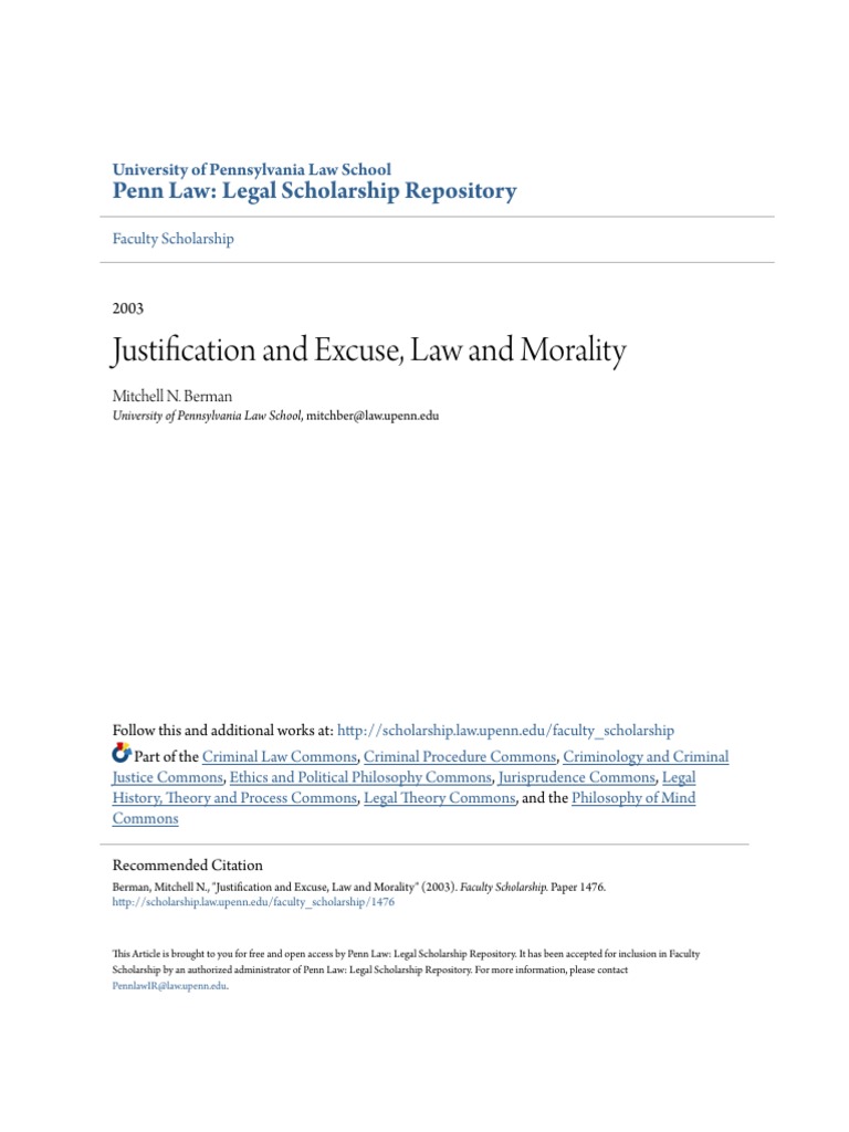 Justification and Excuse Law and Morality | PDF | Theory Of ...