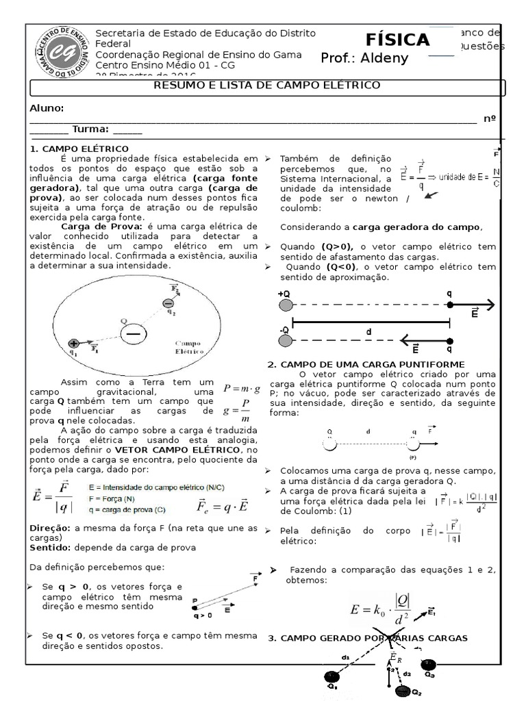 Questões e Exercícios de Campo Elétrico | PDF | Carga elétrica | Campo ...