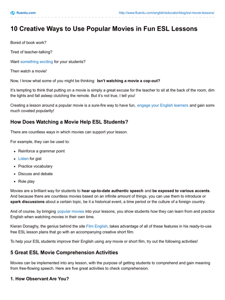worksheet How Observant Are You Worksheet 10 creative ways to use popular movies in fun esl lessons pdf english as a second or foreign language reading comprehension