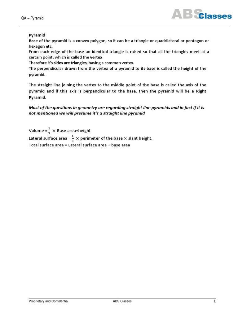 Pyramid Geometry Basics and Formulas | PDF
