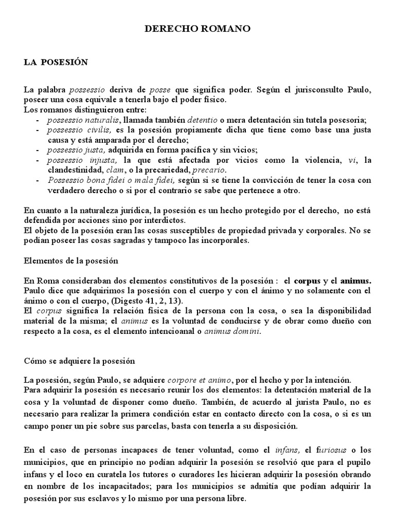 Clases y elementos de la posesión romana | PDF | Posesión (Ley ...