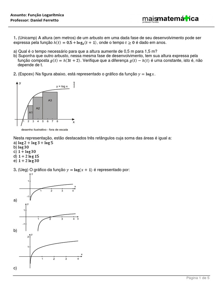 Função Logarítmica - Exercício.pdf | Logaritmo | Função (Matemática)