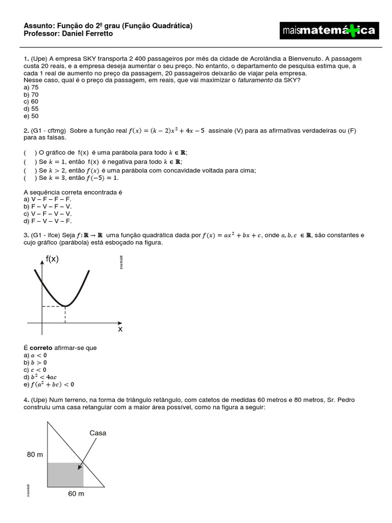 Função Quadrática - Exercício.pdf | Função (Matemática) | Celsius
