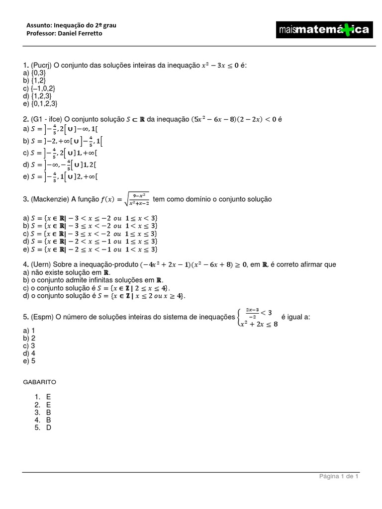 Exercícios de Inequação do 2º Grau | PDF