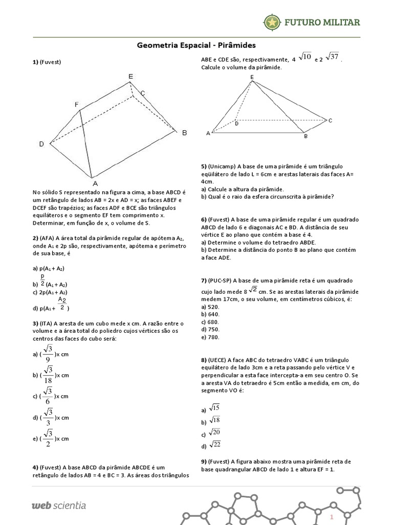 Geometria Espacial - Piramides - Exercicios.pdf | Triângulo | Geometria ...