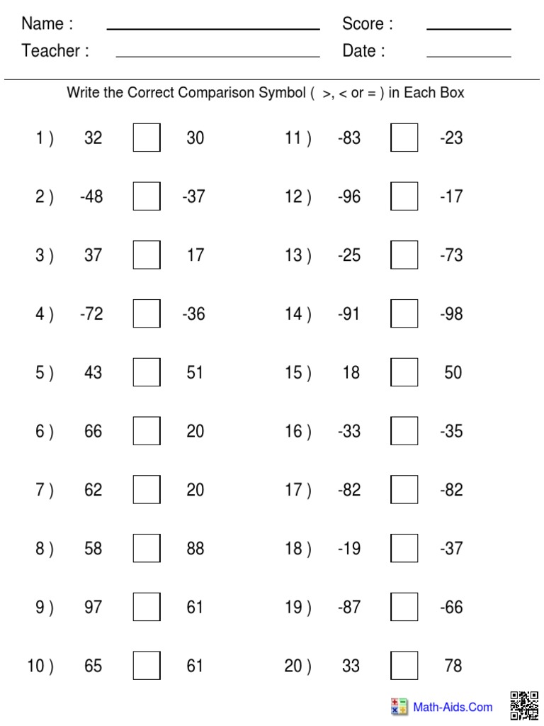Write The Correct Comparison Symbol (, or ) in Each Box | PDF