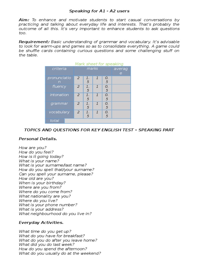 A2 Key Speaking Test Topics Guide | PDF