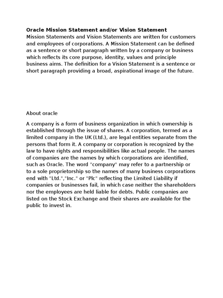 Oracle's Mission & Vision Explained | PDF