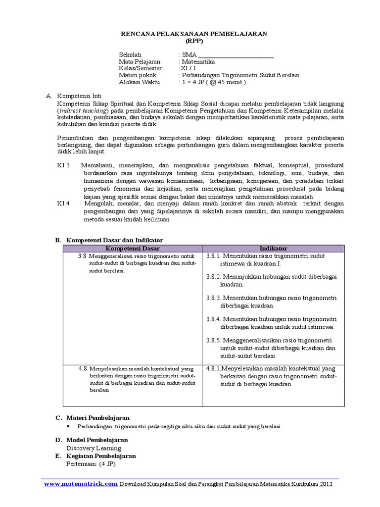 Rpp 8 Perbandingan Trigonometri Sudut Yang Berelasi Docx