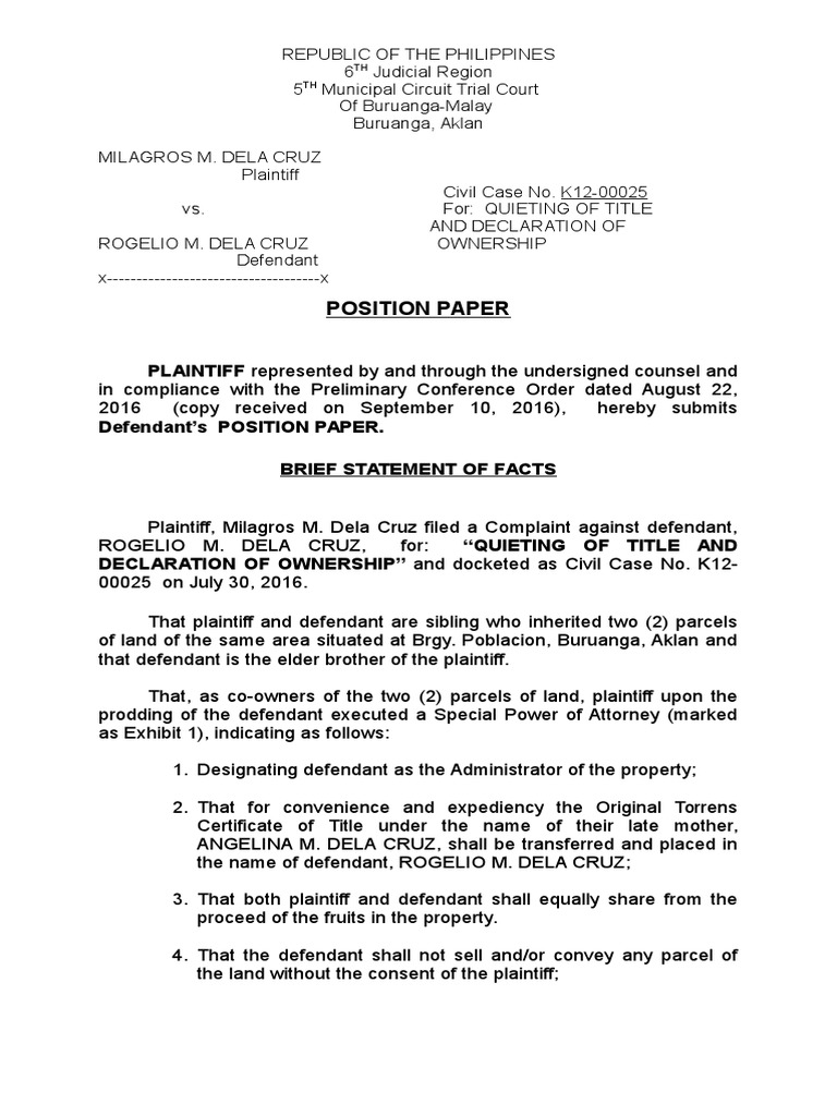 position paper sample.doc | Real Property | Lawsuit