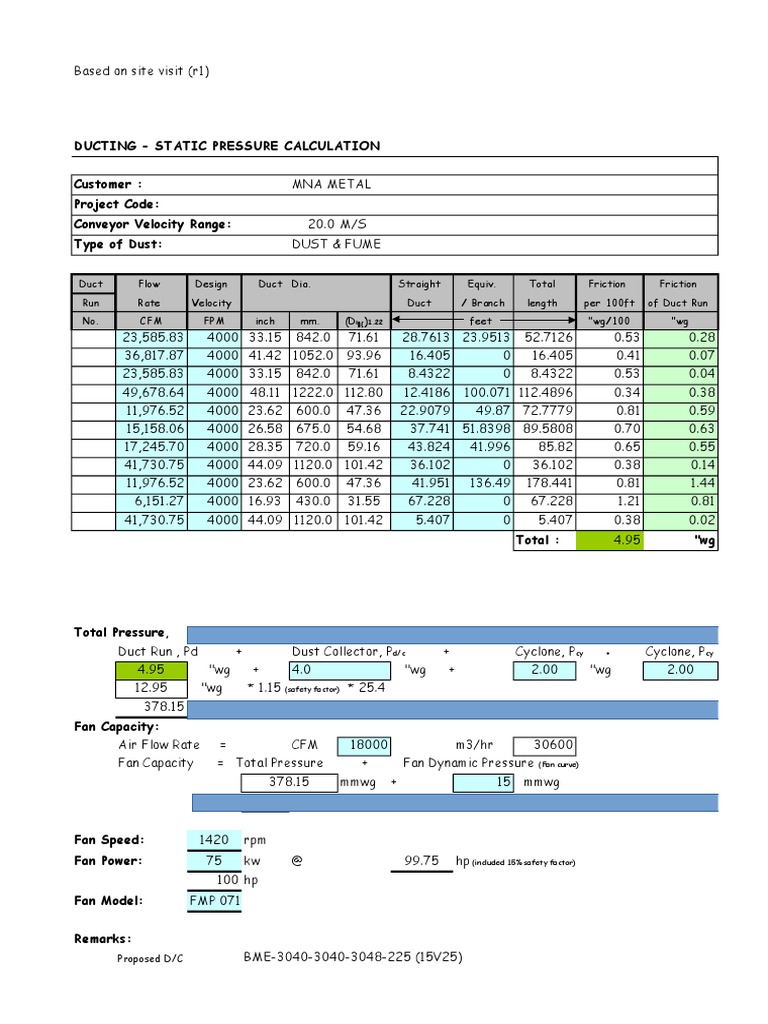 Ducting - Static Pressure Calculation Customer: Project Code: Conveyor ...