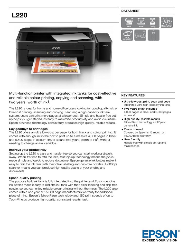 Epson L220 A4 Colour MultiFunction Ink Tank System Printer Datasheet