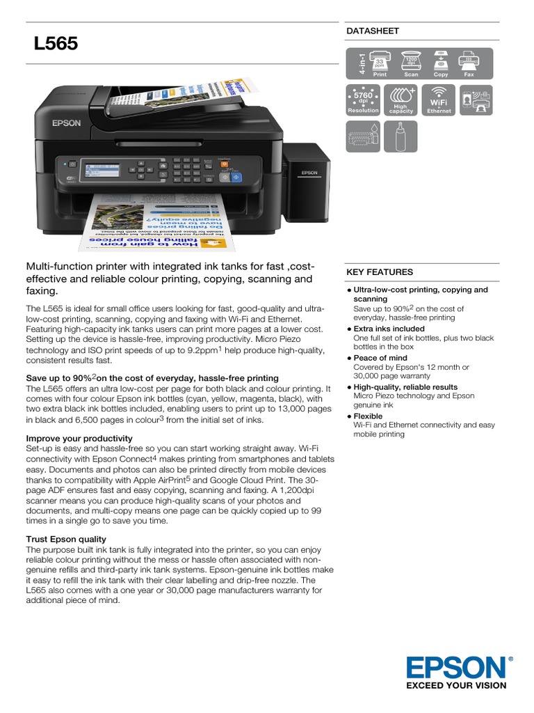 Epson L565 A4 Colour Wireless AllinOne Ink Tank System Network