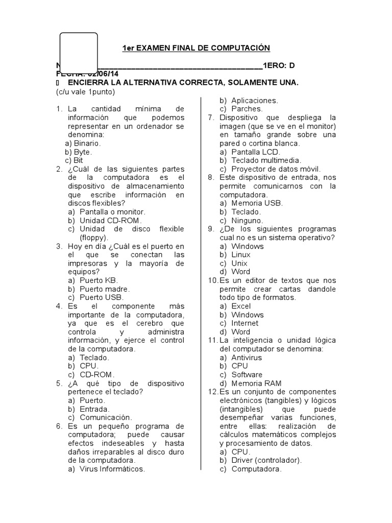 1er EXAMEN FINAL DE COMPUTACIÓN | PDF | Poco | Disco flexible
