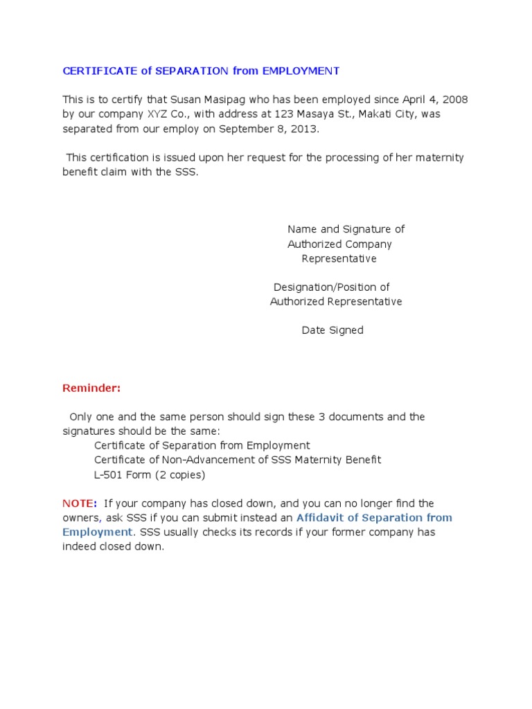Certificate of Separation for SSS Claim | PDF