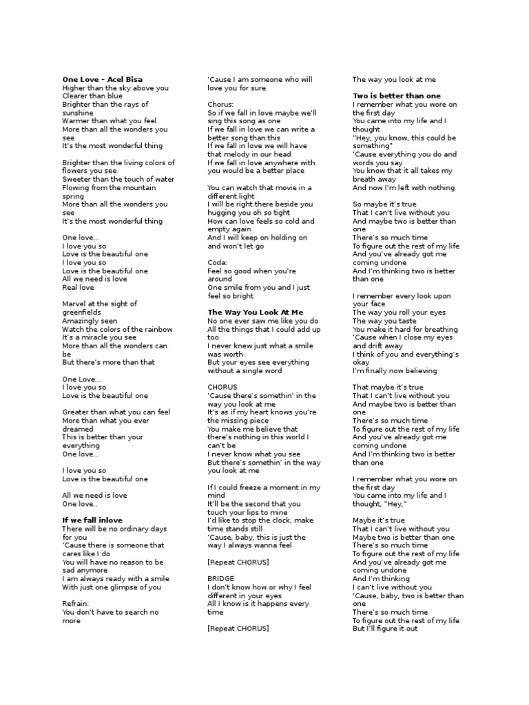 One Love Lyrics PDF Entertainment (General) Leisure