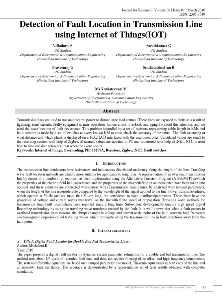 Detection of Fault Location in Transmission Line Using Internet of ...