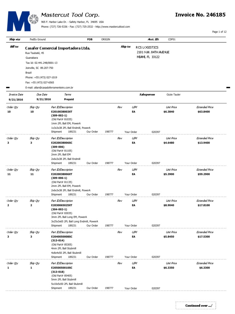 Mastercut Tool Invoice 246185 Details | PDF | Business Documents ...