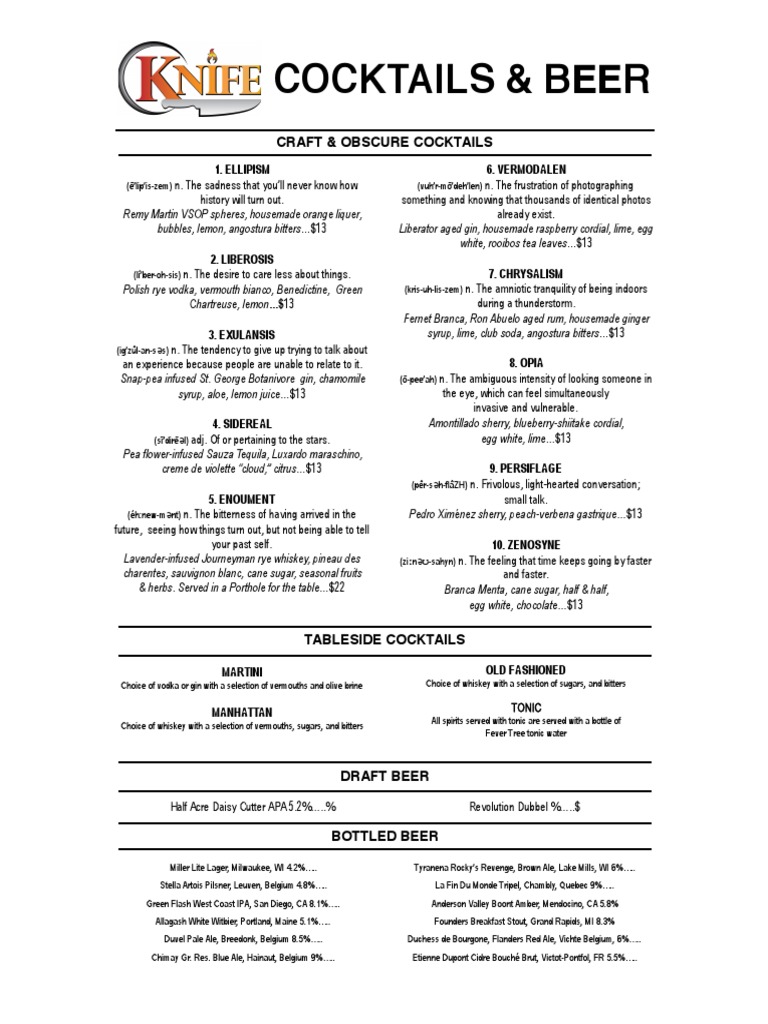 Knife Cocktail Menu Beer Alcoholic Drinks