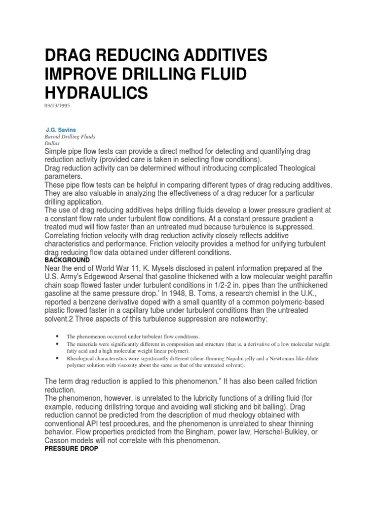 Drag Reducing Additives Improve Drilling Fluid Hydraulics Fluid