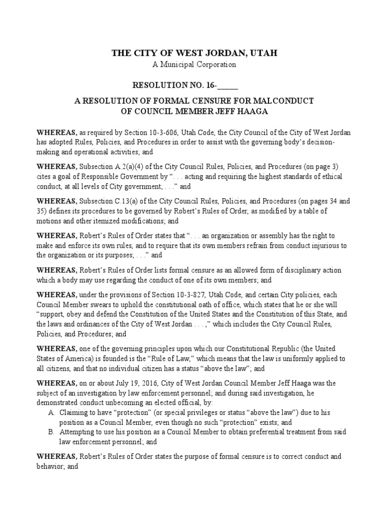 Resolution To Censure Council Member Jeff Haaga | PDF | Parliamentary ...