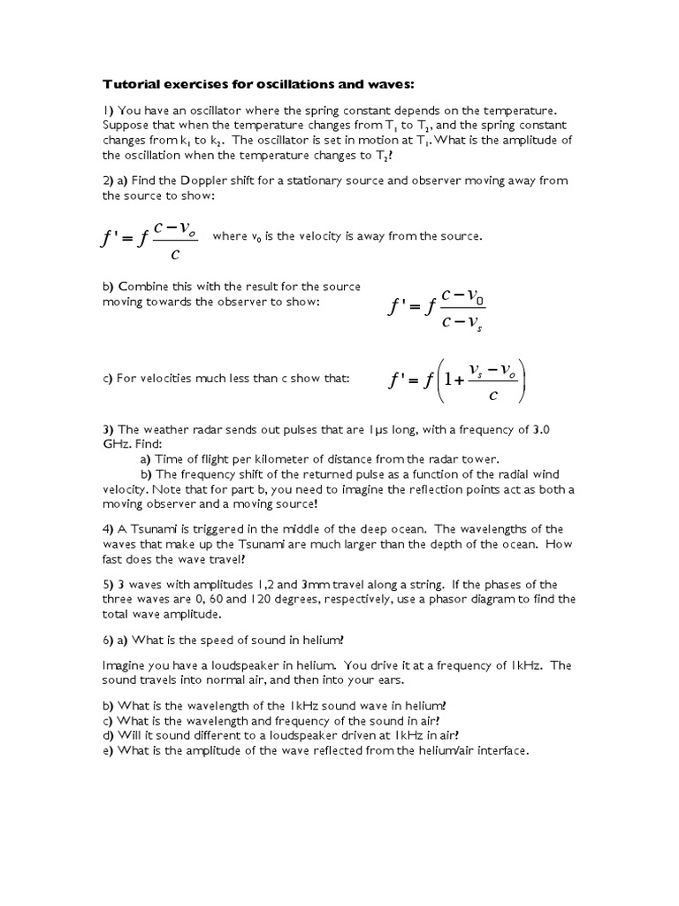 Oscillations and Waves Tutorial Exercises | PDF