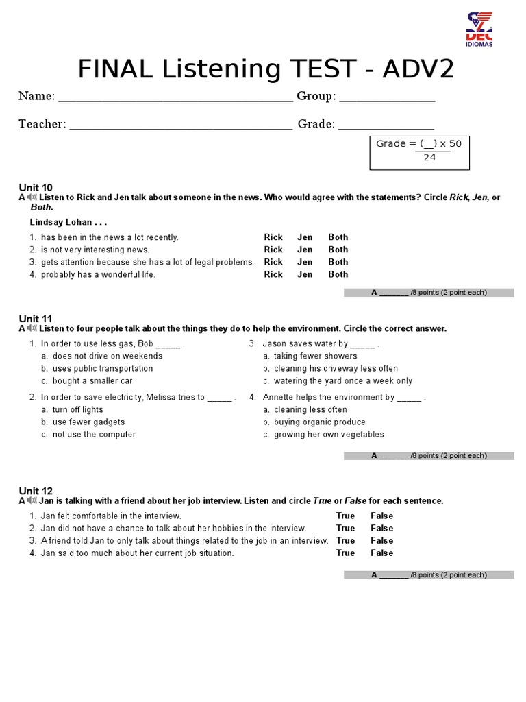 Grade 2 Listening Test Sample | PDF