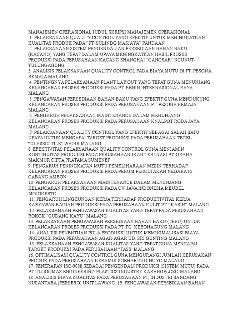 Manajemen Operasional Judul Skripsi Manajemen Operasional Docx