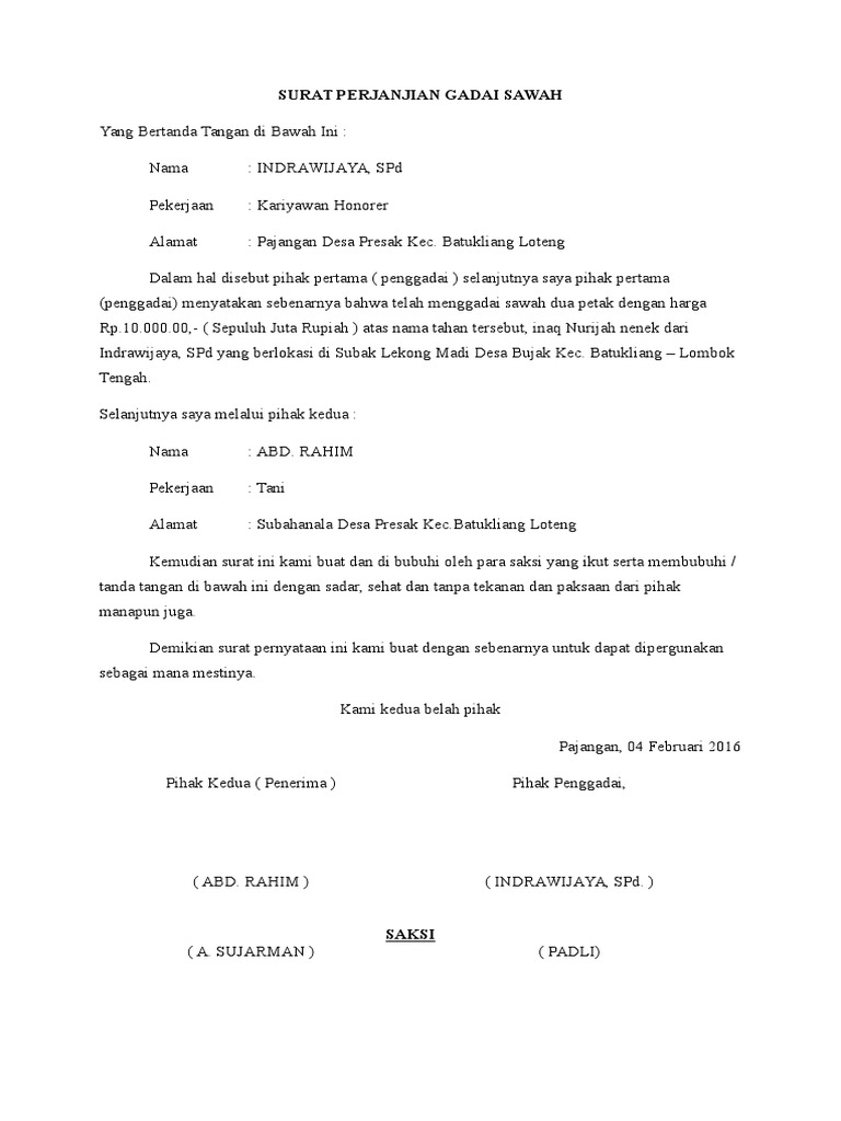 Contoh Surat Pernyataan Gadai Sawah Contoh Surat