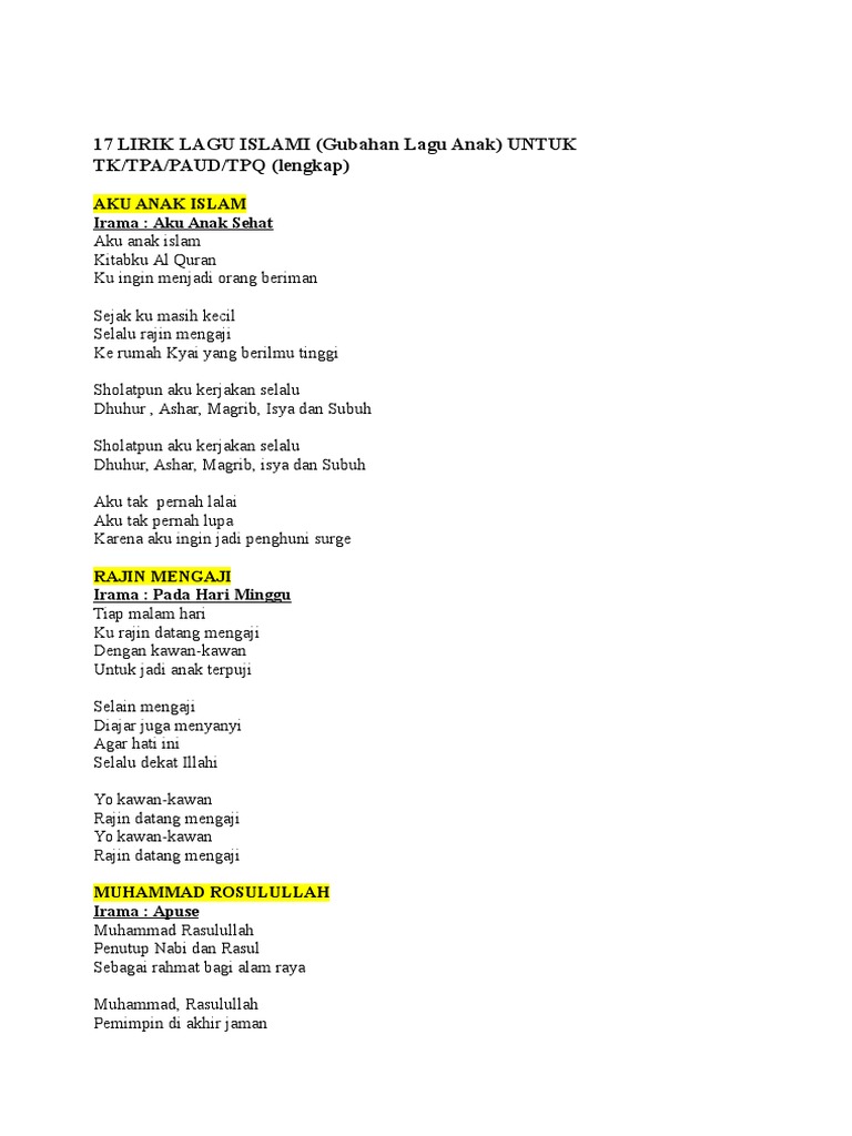 Lirik Lagu Anak Tpa Arsia Lirik