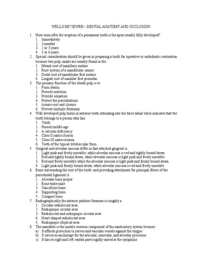 WELLS REVIEWER Dental Anatomy and Occlusion PDF Physiognomy Tooth