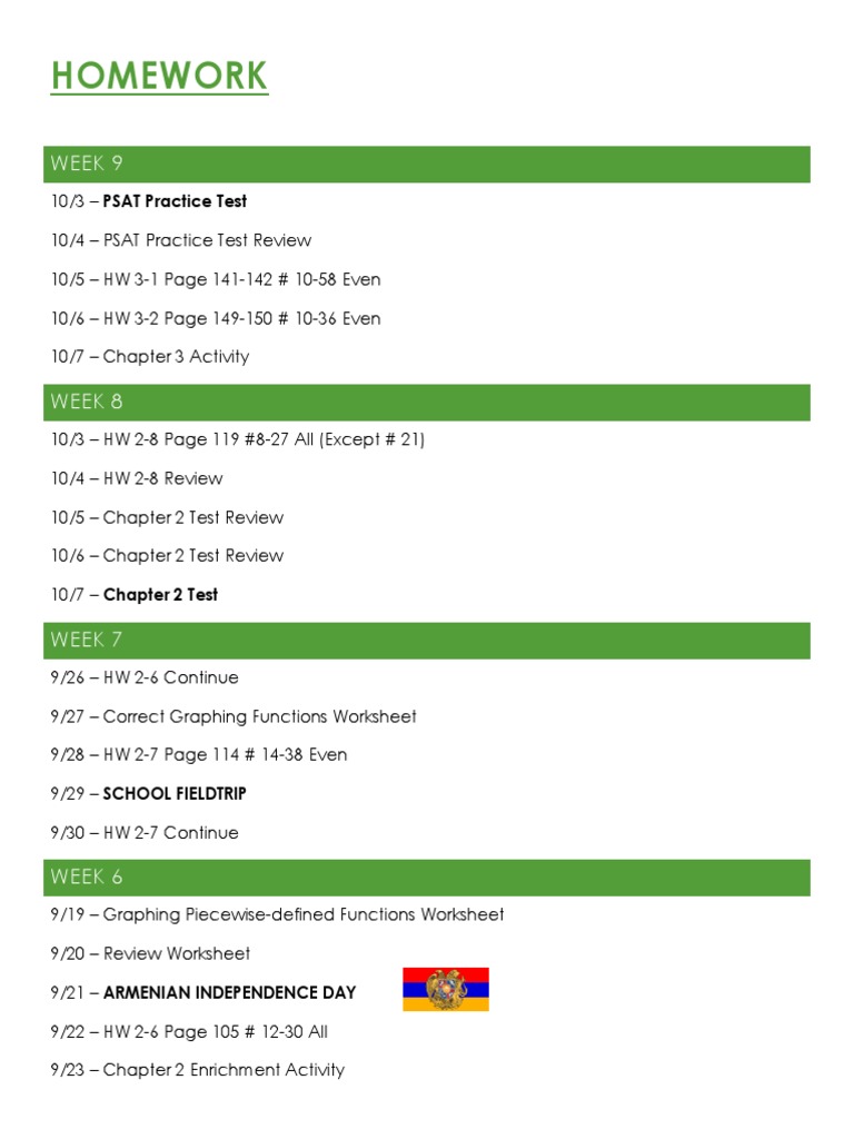 Weekly Homework and Test Schedule | PDF