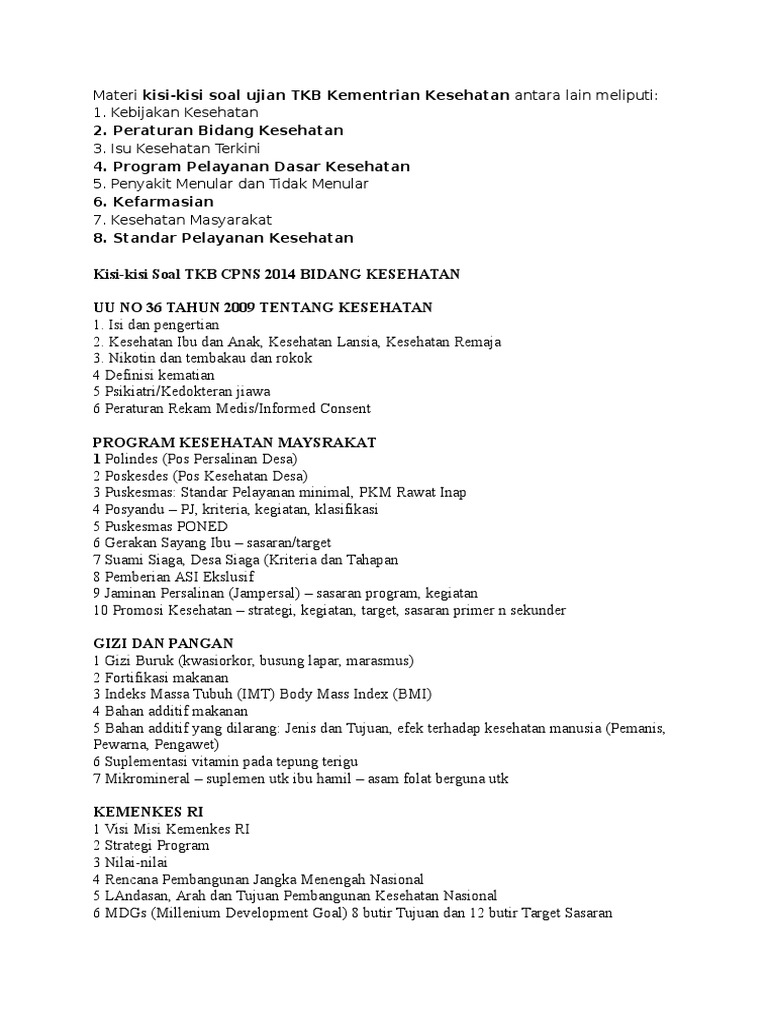 Kisi-Kisi Soal Ujian TKB Kemenkes 2014 | PDF | Sains & Matematika