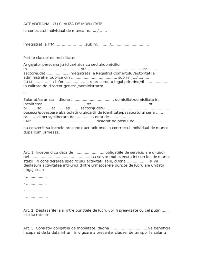 Act Aditional Cu Clauza De Mobilitate Pdf