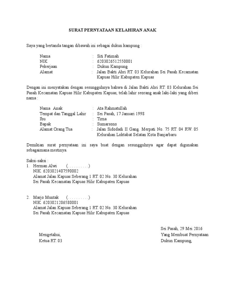 Surat Pernyataan Kelahiran Anak 8 Contoh Surat Kuasa Pengambilan Uang Yang Benar Dan.