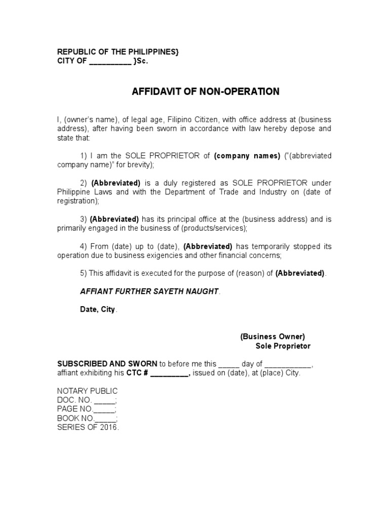 Affidavit of Non-Operation for Business | PDF | Law