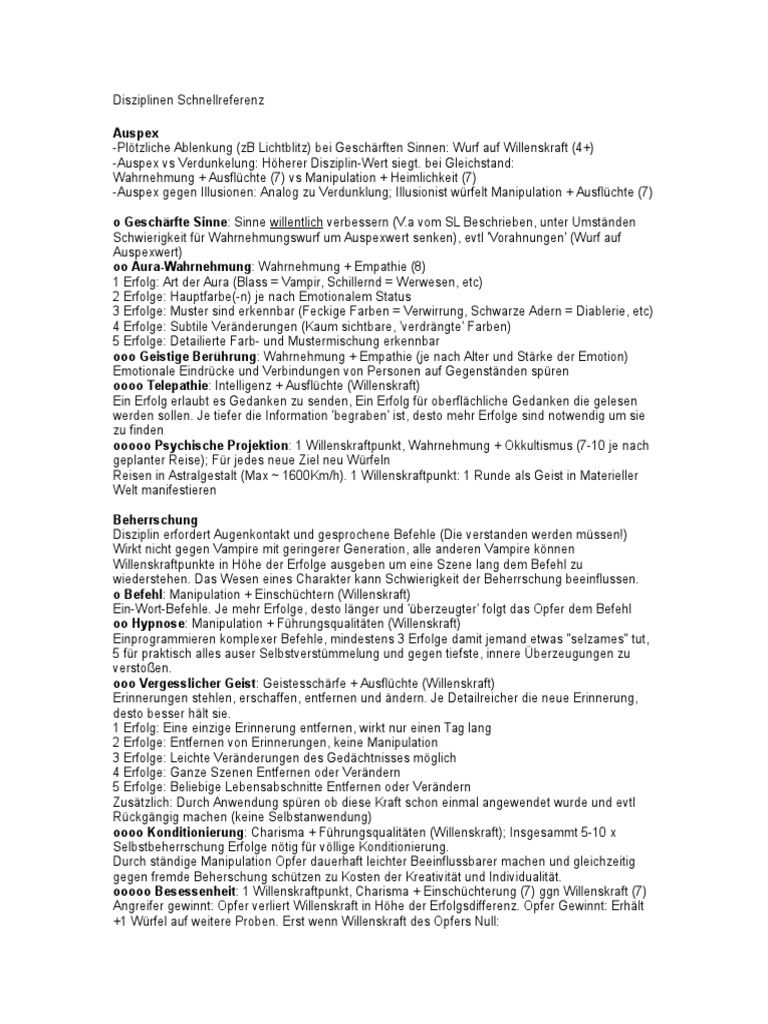 Disziplinen Schnellreferenz - Vampire aus der alten Welt