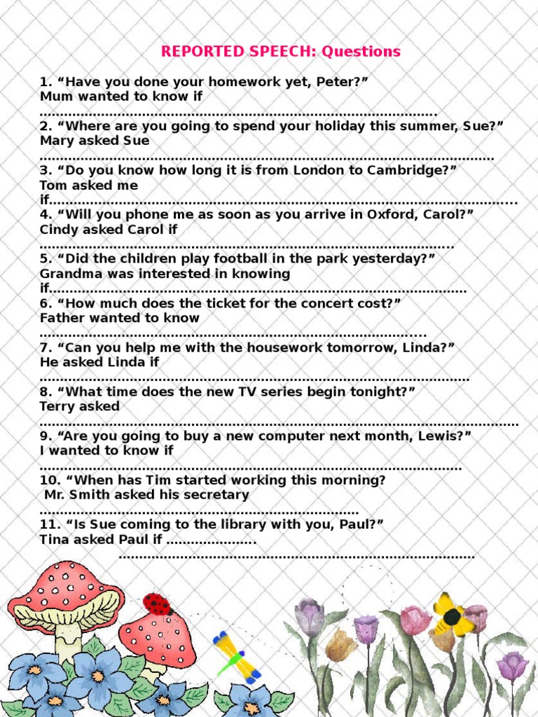 Reported Speech: Homework Questions | PDF | Art | General Fiction
