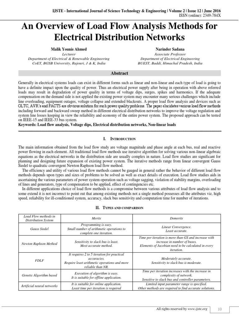 An Overview of Load Flow Analysis Methods for Electrical Distribution