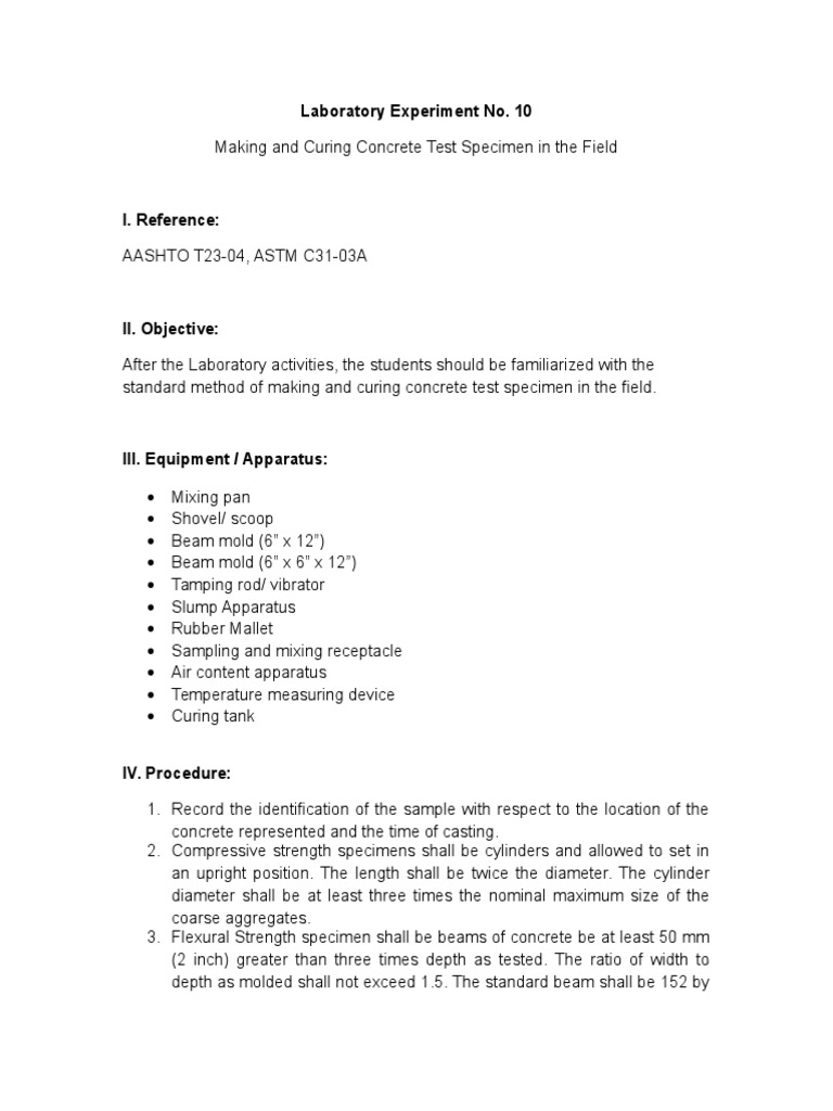 Lab Report 10 Making and Curing Concrete Test Specimen in the Field