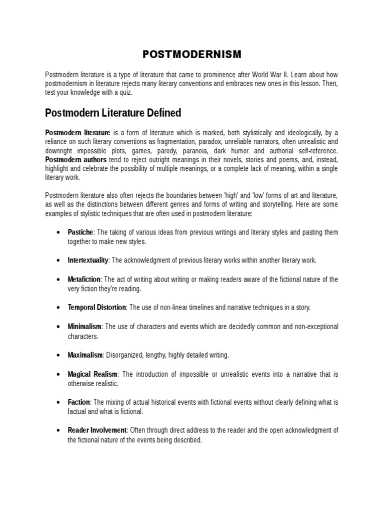 Postmodern Literature Examples Post Modern Literature | PDF