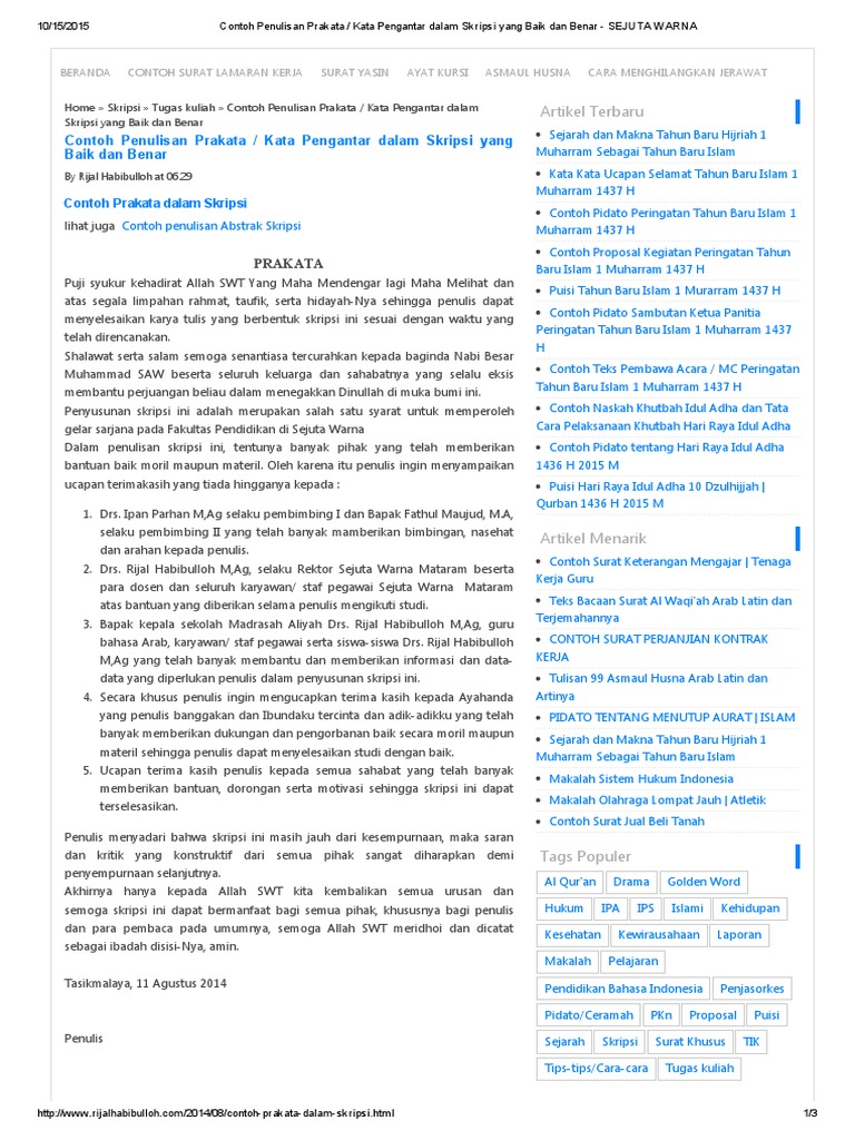 Contoh Penulisan Prakata Kata Pengantar Dalam Skripsi Yang Baik Dan Benar Sejuta Warna