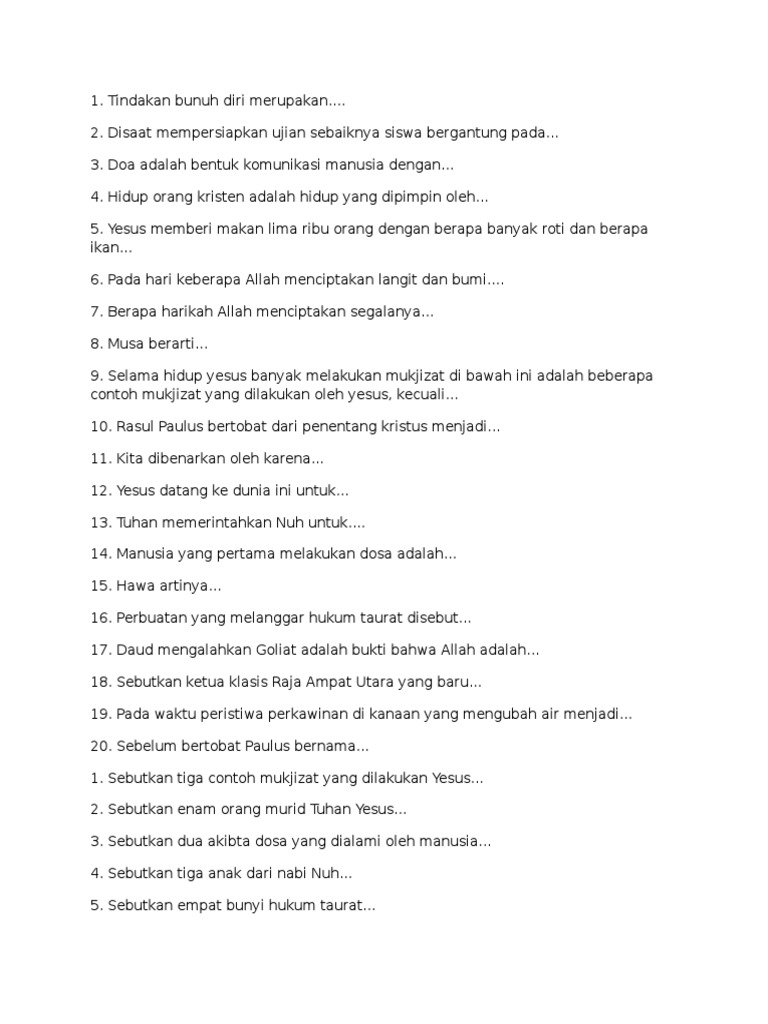 Soal Agama Kristen Kelas 4