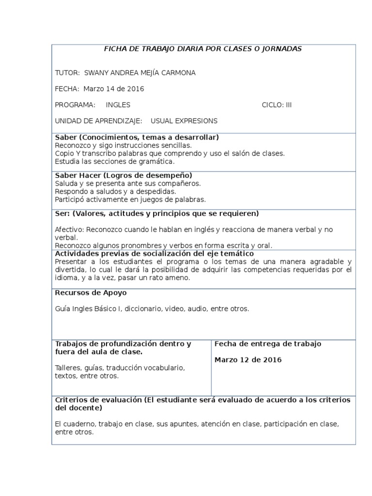 Ficha De Trabajo Diaria Por Clases Traducciones Verbo